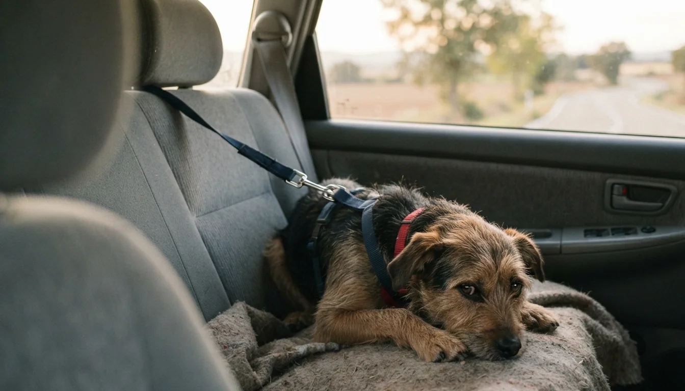 Cinetosis en perros y gatos: por qué se marean en el coche y cómo evitarlo 1 Perro tumbado con arnés en el asiento trasero del coche, decaído por el mareo del viaje