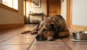 Perro adulto tumbado y decaído junto a su cuenco de agua durante un episodio de gastroenteritis