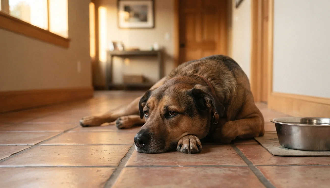 Perro adulto tumbado y decaído junto a su cuenco de agua durante un episodio de gastroenteritis