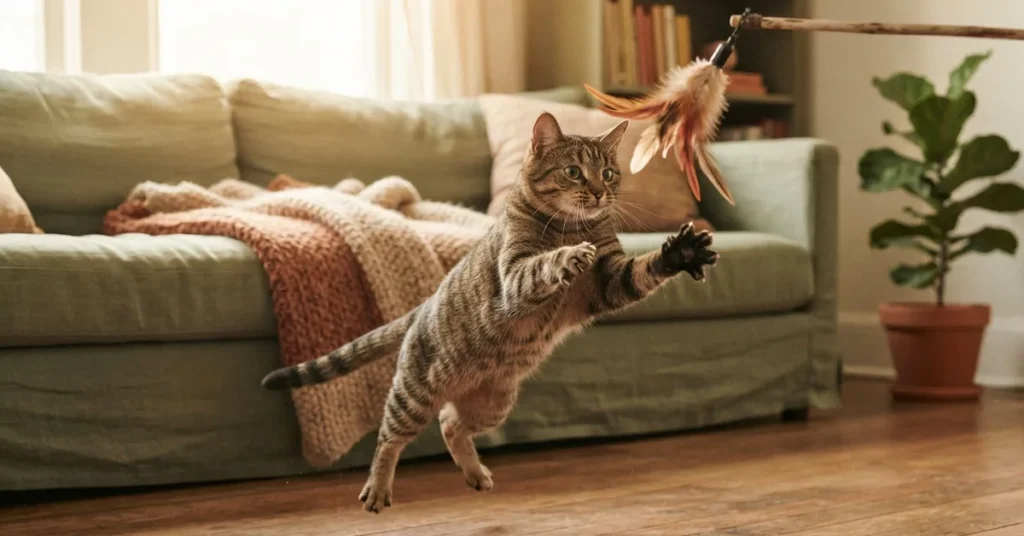 Gato atigrado saltando para atrapar una pluma de juguete en un salón