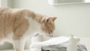 Gato blanco y crema olfateando una toalla y una camiseta junto a un bote de loción en el baño
