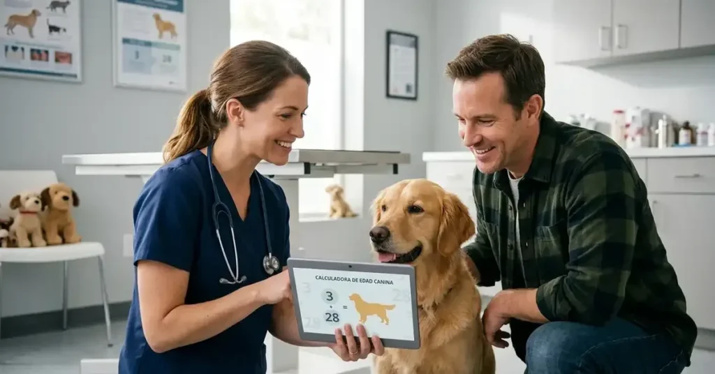 Veterinaria explicando una duda a un propietario con su golden retriever en la consulta