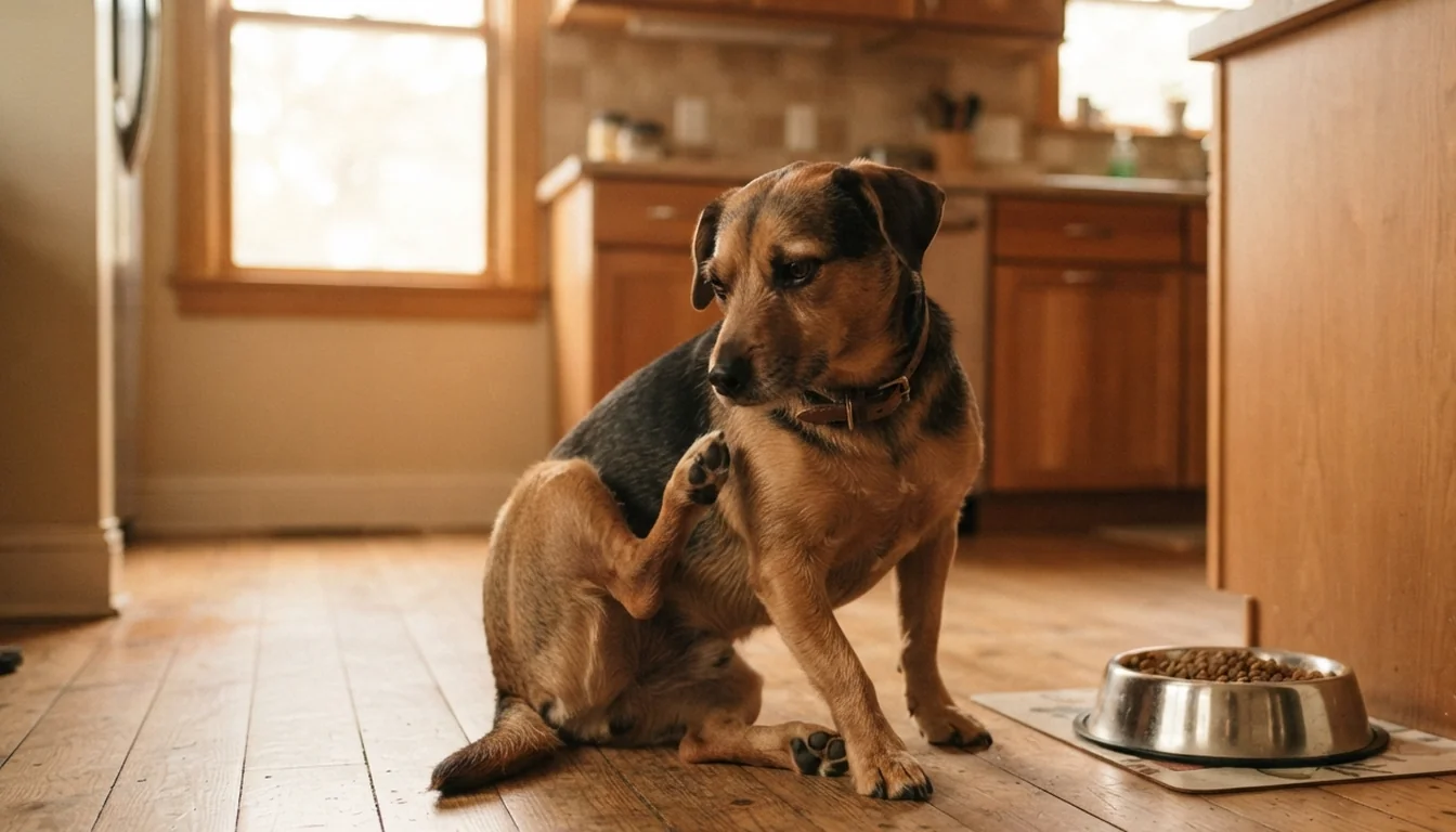 Perro adulto rascándose junto a su cuenco de comida, uno de los signos de reacción adversa al alimento