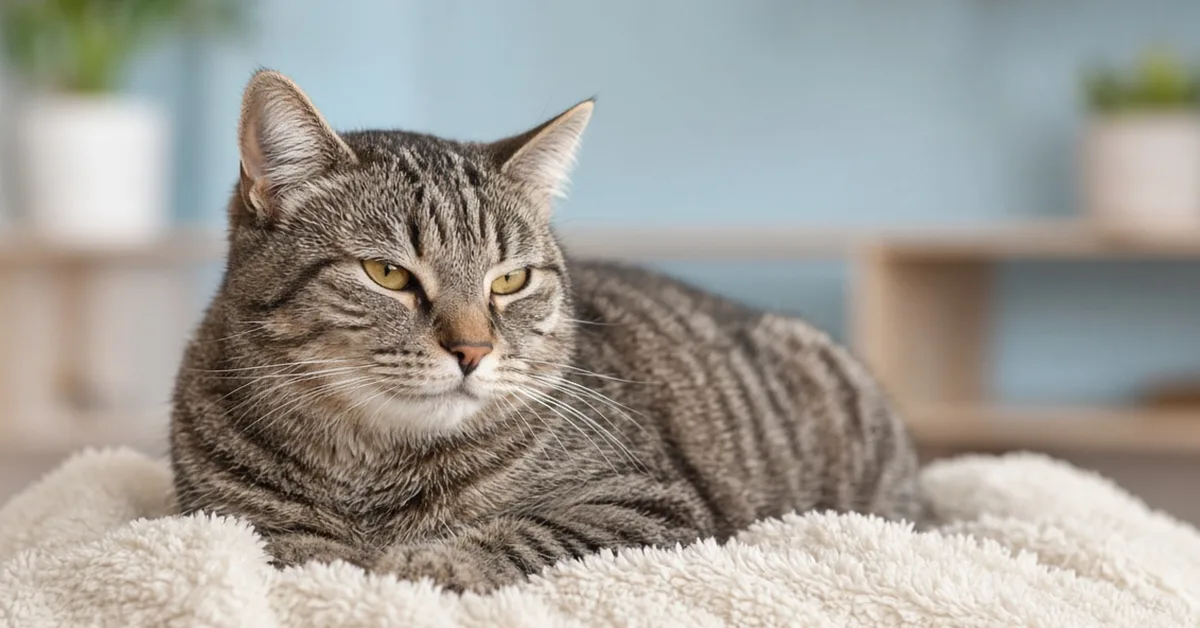 Gato atigrado mayor descansando sobre una manta, tranquilo; ilustra el tratamiento del dolor por artrosis en gatos