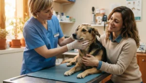 Veterinaria revisando a un perro mestizo sobre la mesa de consulta mientras su dueña lo sujeta con cariño